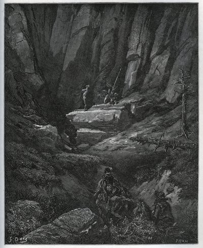 Dorothee e il barbiere vengono a prendere Don Chisciotte in penitenza - da “Don Chisciotte della Mancia” di Miguel Cervantes - xilografia dopo disegno di Gustave Doré da Gustave Dore