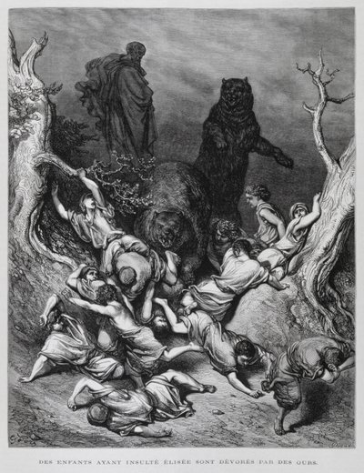 Eliseo guarda mentre i bambini vengono distrutti dagli orsi, Illustrazione dalla Bibbia di Doré da Gustave Dore