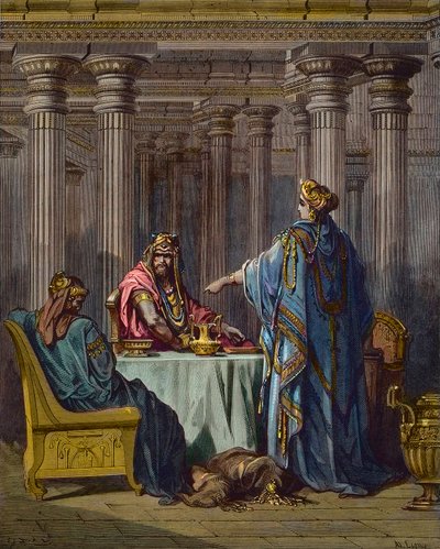 Ester accusa Aman - scene bibliche, Ester e Aman, incisione su legno di Gustave Doré - colorazione successiva da Gustave Dore