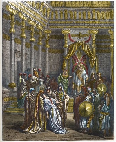 Ester sviene davanti al re di Persia Assuero I (Serse I) - Regina Ester sviene davanti al re Assuero - incisione in "La Bibbia illustrata" di Gustave Doré (1832-1883) - Incisione da "La Bibbia di Doré" da Gustave Dore