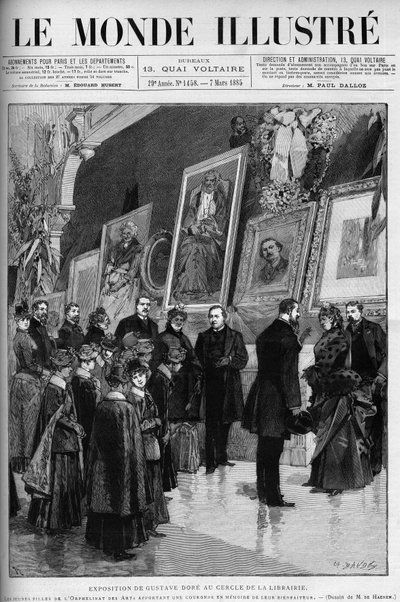 Esposizione di Gustave Doré (1832-1883), illustratore e pittore francese, nel circolo della libreria. Incisione in “The Illustrous World” da Gustave Dore