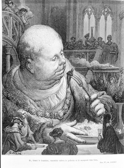 Estratto da Gargantua (1534) di François Rabelais (1483 - 1553): E, tirando il calabrone, insieme rimossero il pellegrino e lo mangiarono molto bene. Incisione di Gustave Doré (1823-1883) da Gustave Dore
