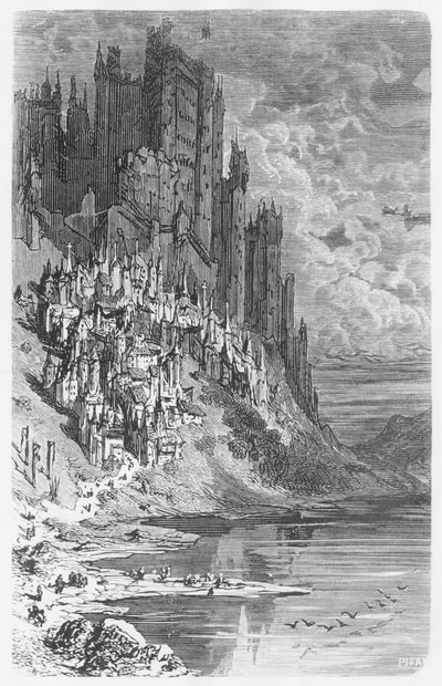Paesaggio fantastico con città e castello, illustrazione da 