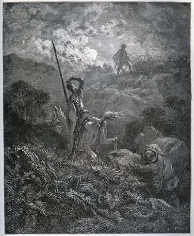 Prima apparizione della Deguenille-de-la-Malaise-Mine - da "Don Chisciotte della Mancia" di Miguel Cervantes (1547-1616) - xilografia dopo disegno di Gustave Doré. da Gustave Dore