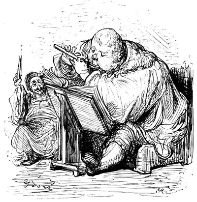 Educazione di Gargantua: il giovane gentiluomo impara a suonare il flauto con il suo insegnante di musica. Incisione di Gustave Doré che illustra l