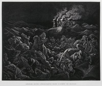 Gedeone attacca i Madianiti di notte, Illustrazione dalla Bibbia di Doré da Gustave Dore