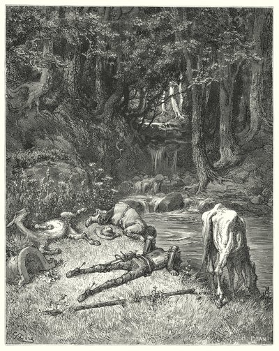 Un prato, irrigato da un ruscello, li invitò a scendere (incisione) da Gustave Dore