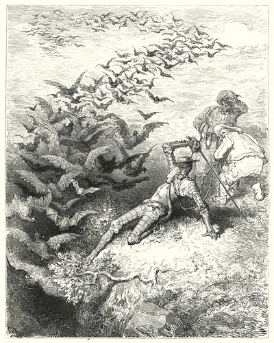 Don Chisciotte di Gustave Doré: "Un numero infinito di corvi e cornacchie sovradimensionati uscì di corsa e svolazzando dalla grotta" da Gustave Dore
