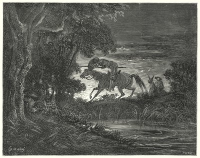 Don Chisciotte di Gustave Doré: "Don Chisciotte, accompagnato dal suo intrepido cuore, saltò su Rozinante" da Gustave Dore