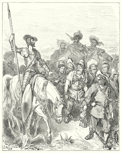 Don Chisciotte chiese al primo per quali crimini si trovasse in queste miserabili circostanze (incisione) da Gustave Dore