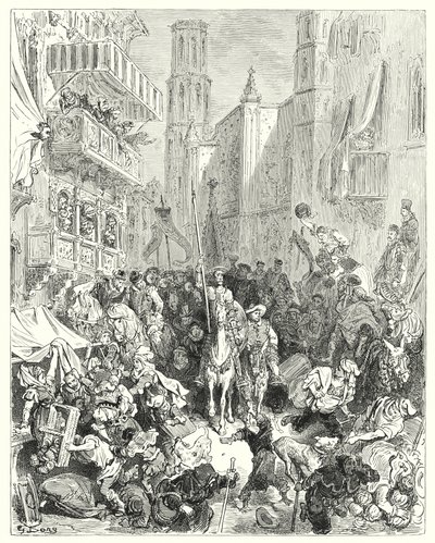 Don Chisciotte di Gustave Doré: "Rinchiudendolo nel mezzo della loro brigata, lo condussero verso la città" da Gustave Dore