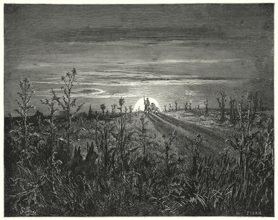 Don Chisciotte di Gustave Doré: "Amico Sancio," disse Don Chisciotte, "vedo che la notte che si avvicina ci raggiungerà prima che possiamo arrivare a Toboso" da Gustave Dore