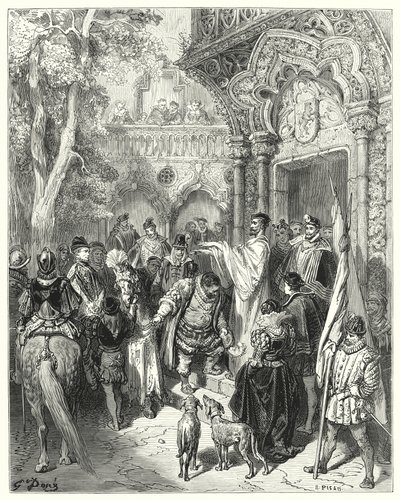 Don Chisciotte di Gustave Doré: "Baciò la mano del duca e della duchessa al momento della partenza, e ricevette la benedizione del suo padrone" da Gustave Dore