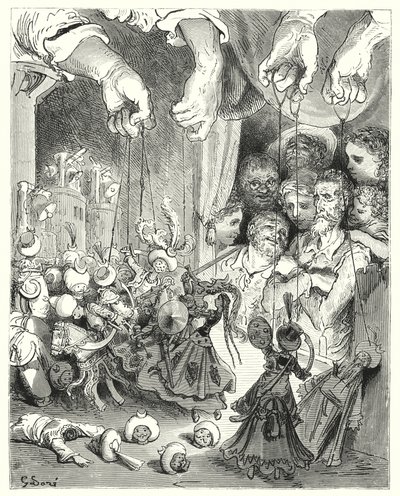 Don Chisciotte di Gustave Doré: "Osserva che una vasta compagnia di cavalli scintillanti esce dalla città, all