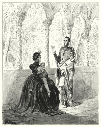 Don Chisciotte di Gustave Doré: "Ti prego, mio Signore Don Chisciotte, ritirati, perché questa povera giovane non tornerà in sé finché tu sarai qui" da Gustave Dore