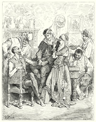 Don Chisciotte di Gustave Doré: "Sancio e il suo padrone rimasero tre giorni con la giovane coppia, e furono trattati come principi" da Gustave Dore