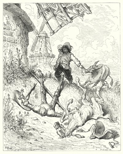 Don Chisciotte di Gustave Doré: "Sancho correva più veloce che poteva il suo asino, per aiutare il suo padrone" (incisione) da Gustave Dore