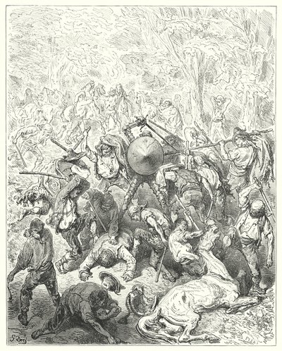 Don Chisciotte di Gustave Doré: "Gli Yanguesi si misero ai loro leve e bastoni da soma" da Gustave Dore