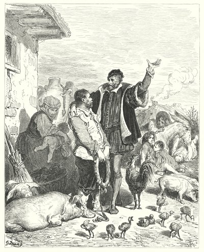 Don Chisciotte di Gustave Doré: "Il cavaliere gli fece tante belle promesse, che alla fine il povero sciocco accettò di andare con lui e diventare il suo scudiero" da Gustave Dore