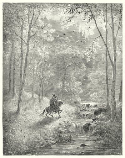 Don Chisciotte di Gustave Doré: "Il cielo gli appare più trasparente e il sole sembra brillare con doppia luminosità" (incisione) da Gustave Dore