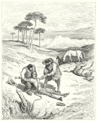 Don Chisciotte di Gustave Doré: "Trovarono che i suoi occhi erano chiusi, come se stesse dormendo profondamente" da Gustave Dore
