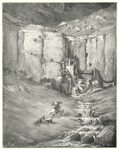 Don Chisciotte di Gustave Doré: "Quando si avvicinarono, anche il paziente Rozinante stesso si spaventò al terribile suono" (incisione) da Gustave Dore
