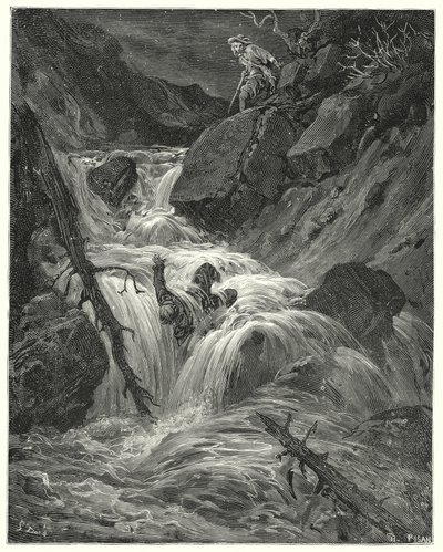 Con la poca forza che avevo lo spinsi giù da un precipizio, dove lo lasciai (incisione) da Gustave Dore