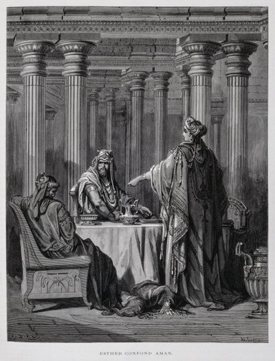 Aman denunciato dalla regina Ester, Illustrazione dalla Bibbia di Doré da Gustave Dore