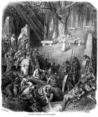 Sacrificio umano tra i Galli - druidi, dolmen, menhir - incisione di Gustave Doré in 