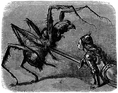 Illustrazione di Gustave Doré (1832-1883) per il libro di Ernest Lepine "La leggenda di Croquemitaine" (1863) - Davanti a questa immagine di combattimento con la spada contro un gigantesco ragno, non si può fare a meno di pensare alla battaglia di Frodo e  da Gustave Dore