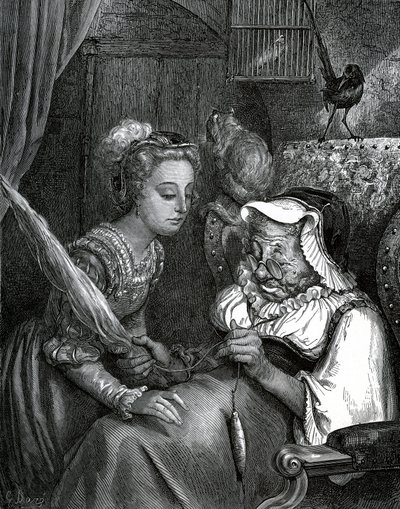 Illustrazione di Gustave Doré per una fiaba di Charles Perrault: La bella addormentata. La principessa si pungerà con il fuso di una vecchia che fugge. da Gustave Dore