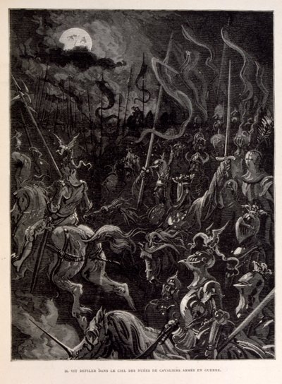 Illustrazione di cavalieri in battaglia durante una serata al chiaro di luna da Gustave Dore