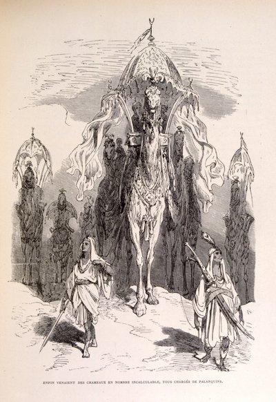Illustrazione di una carovana di cammelli orientale con servi e carrozza. da Gustave Dore