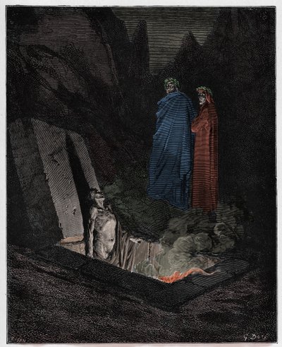 Inferno, Canto 10: Farinata degli Uberti si rivolge a Dante, illustrazione da "La Divina Commedia" di Dante Alighieri, 1885 da Gustave Dore