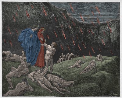 Inferno, Canto 15: Brunetto Latini si avvicina a Dante, illustrazione da "La Divina Commedia" di Dante Alighieri, 1885 da Gustave Dore