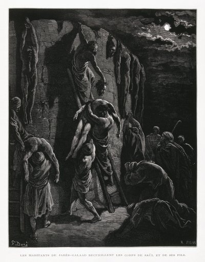 Gli abitanti di Jabesh recuperano i corpi di Saul e dei suoi figli, Illustrazione dalla Bibbia di Doré da Gustave Dore