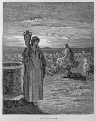 Giacobbe vede Rachele al pozzo della casa di Labano, Illustrazione dalla Bibbia di Doré da Gustave Dore