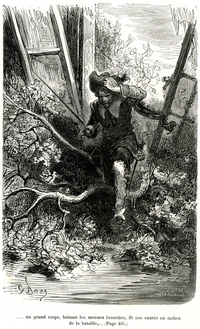 Jacquemin Lampourde, con la pistola in mano, arrivò a un punto della battaglia. Incisione di Gustave Doré che illustra il romanzo picaresco di cappa e spada di Théophile Gautier "Il capitano Fracassa", edizione Charpentier 1863 da Gustave Dore