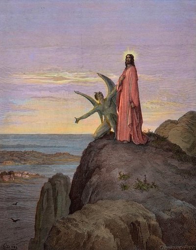 Gesù nel deserto, sottoposto alla tentazione del diavolo - La tentazione di Cristo - Satana tentò Gesù - incisione di Gustave Doré - colorazione successiva da Gustave Dore