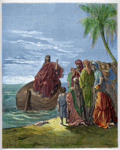 Gesù predica sul Lago di Genezareth (Lago di Tiberiade) - incisione in "La Bibbia illustrata" di Gustave Doré (1832-1883) - Incisione da "La Bibbia di Doré" da Gustave Dore