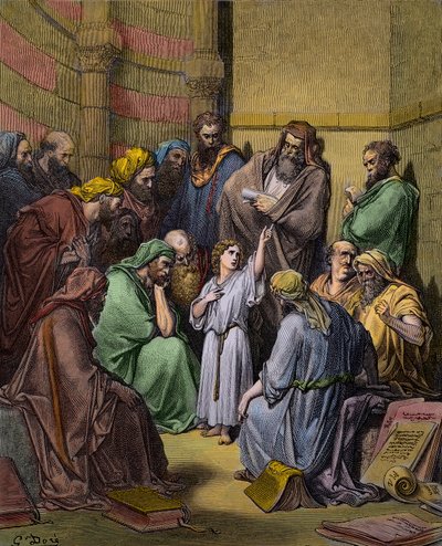 Gesù tra i dottori nel Tempio - Incisione di Gustave Doré (1832-1883) - colorazione successiva da Gustave Dore