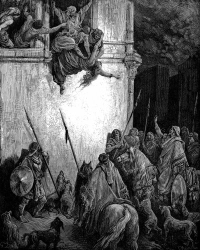 Jezebel, principessa fenicia e moglie del re Acab di Israele viene gettata dalla finestra per ordine di Jehu, e il suo corpo viene mangiato dai cani. 2 Re 9.33. Da Bibbia illustrata di Gustave Doré 1866 Incisione su legno da Gustave Dore