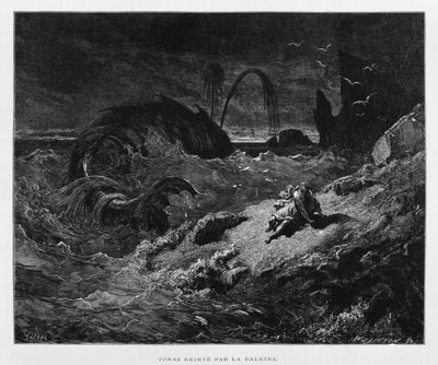 Giona espulso sulla terraferma dalla balena, illustrazione dalla Bibbia di Doré da Gustave Dore