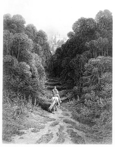 Lancillotto si avvicina al Castello di Astolat, illustrazione da 