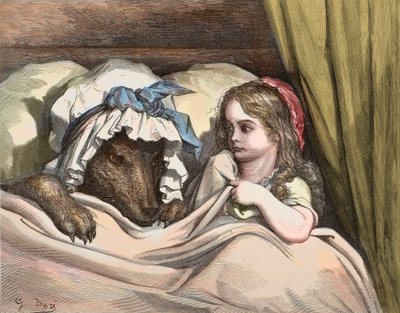 Cappuccetto Rosso e il Lupo non piacciono come la Nonna. Illustrazione di “Le Fiabe” di Charles Perrault (1628-1703) di Gustave Doré (1832-1883) 1867 - Cappuccetto Rosso - Gustave Doré (1832-1883) Incisione da Gustave Dore