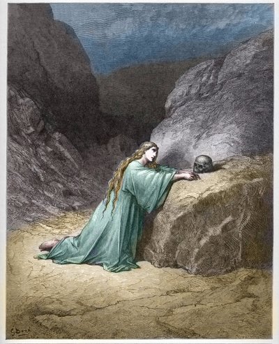 Maria Maddalena penitente - incisione in "La Bibbia illustrata" di Gustave Dore - Incisione da "La Bibbia di Dore" da Gustave Dore