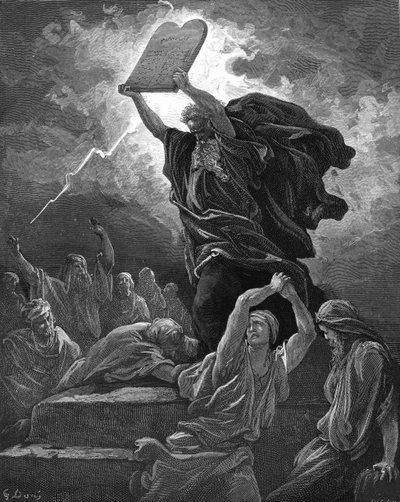 Mosè rompe le tavole della legge, incisione. - Bibbia da Gustave Dore