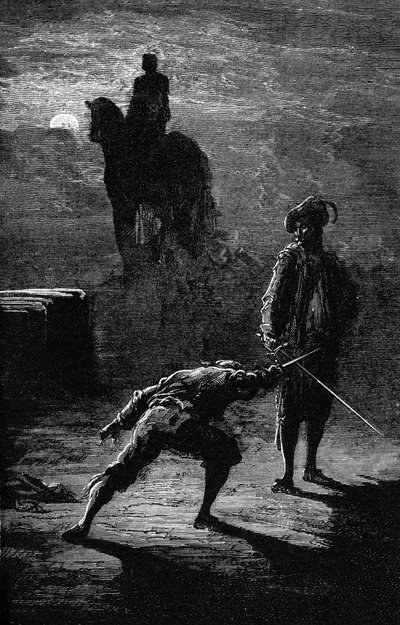 Duello notturno al chiaro di luna tra il Barone de Sigognac e Jacquemin Lampourde, sotto la statua equestre del Re di Bronzo. Incisione di Gustave Doré che illustra il romanzo di Théophile Gautier 