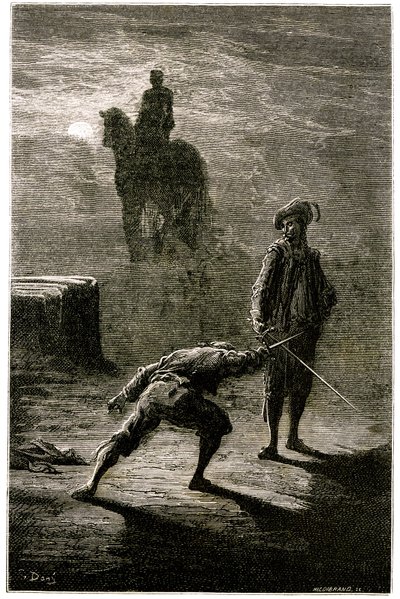 Duello notturno al chiaro di luna tra il Barone de Sigognac e Jacquemin Lampourde, sotto la statua equestre del Re di Bronzo. Incisione di Gustave Doré che illustra il romanzo di Théophile Gautier "Il capitano Fracassa", edizione Charpentier 1863 da Gustave Dore