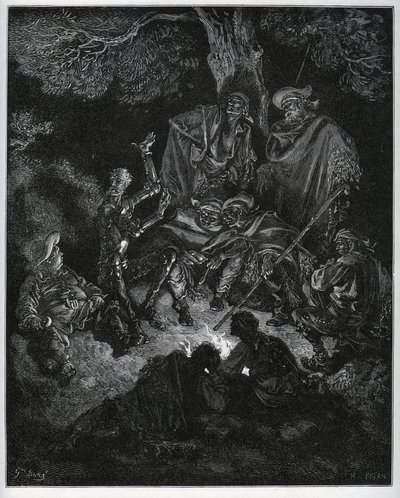 Luce notturna dove Don Chisciotte racconta la storia del mondo alle capre e a Sancho Panza - da "Don Chisciotte della Mancia" di Miguel Cervantes (1547-1616) - xilografia dopo disegno di Gustave Doré. da Gustave Dore
